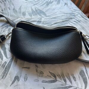 Black Pebbled Leather Crescent Crossbody Bag